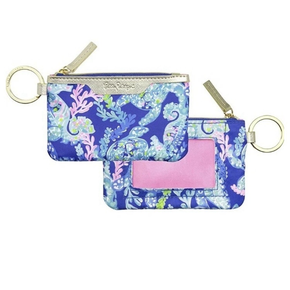 Lilly Pulitzer Key ID Card Coin Case Turtle Villa NWT Zip Blue Pink Gold